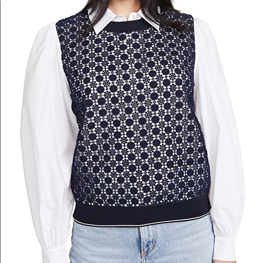 Tory Burch - Embroidered Navy Vest White Poplin-Sleeve Top